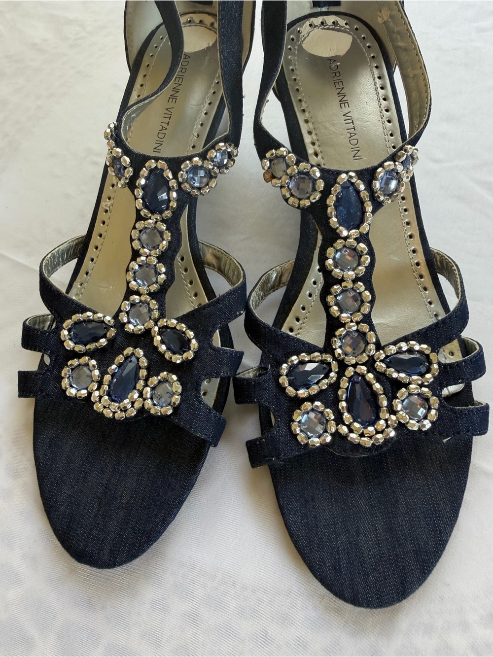 Adrienne Vittadini Dark Denim Jeweled T-Strap Sandals with Crystal Accents